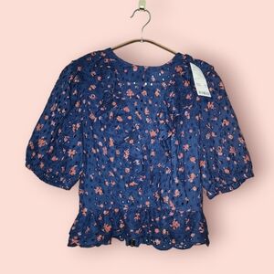 Urban Outfitters Ruffle Floral Crop Top Blue Peach Eyelet Detail Short Sleeve